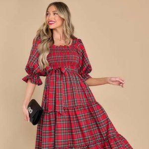 Smocked Red Multi Plaid Maxi Dress With Balloon Sleeves